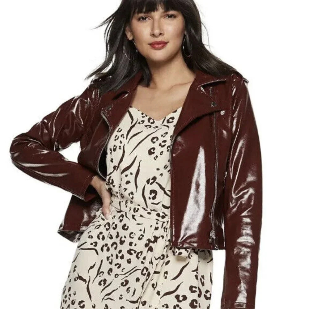 Nine West Women's Burgundy Faux Leather Zipper Front Moto Jacket Size XXL